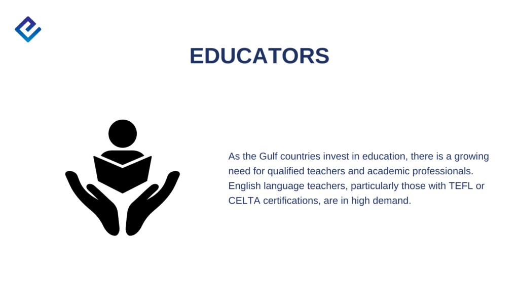 As the Gulf countries invest in education, there is a growing need for qualified teachers and academic professionals. English language teachers, particularly those with TEFL or CELTA certifications, are in high demand.